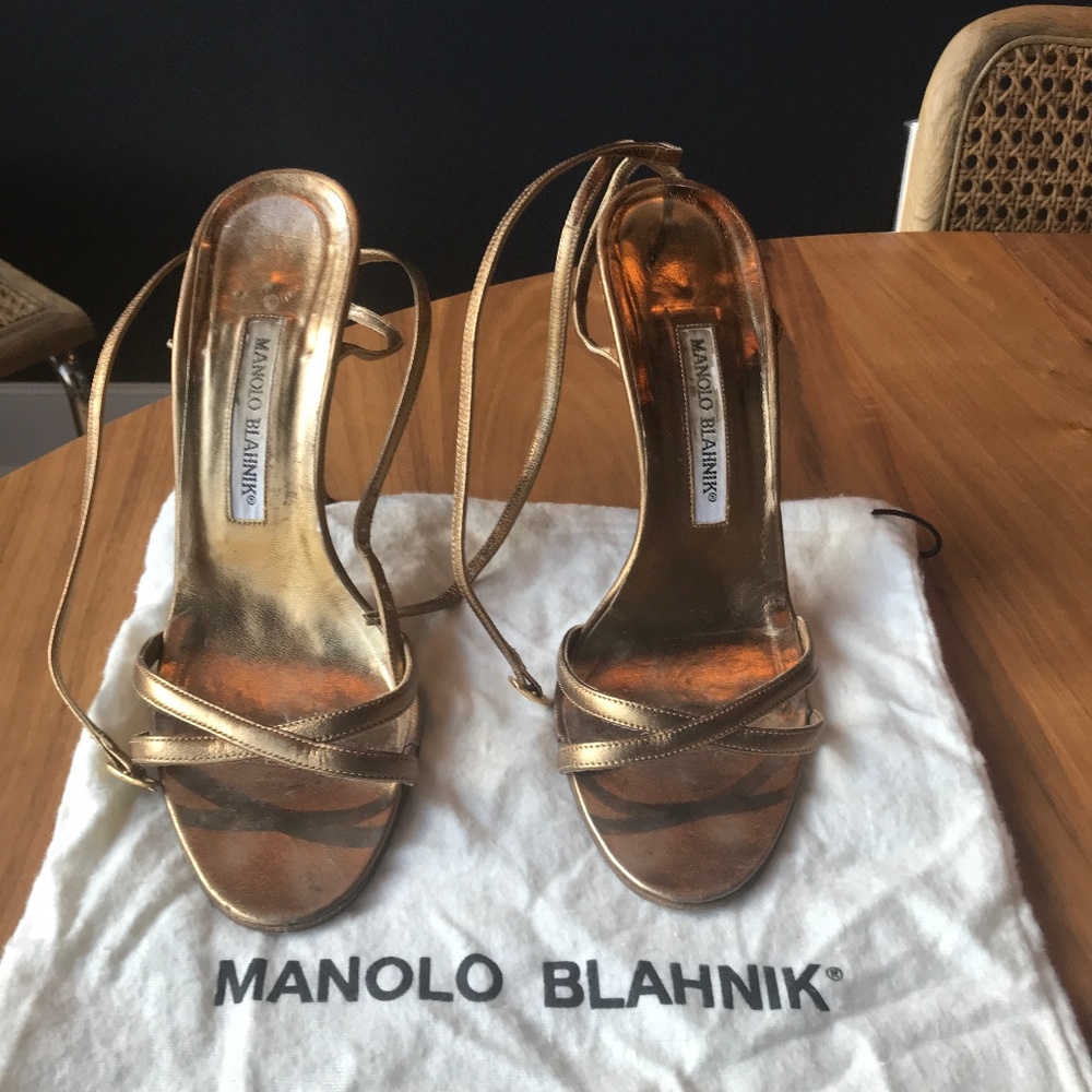 Manolo Blahnik Metallic Gold Evening Sandal